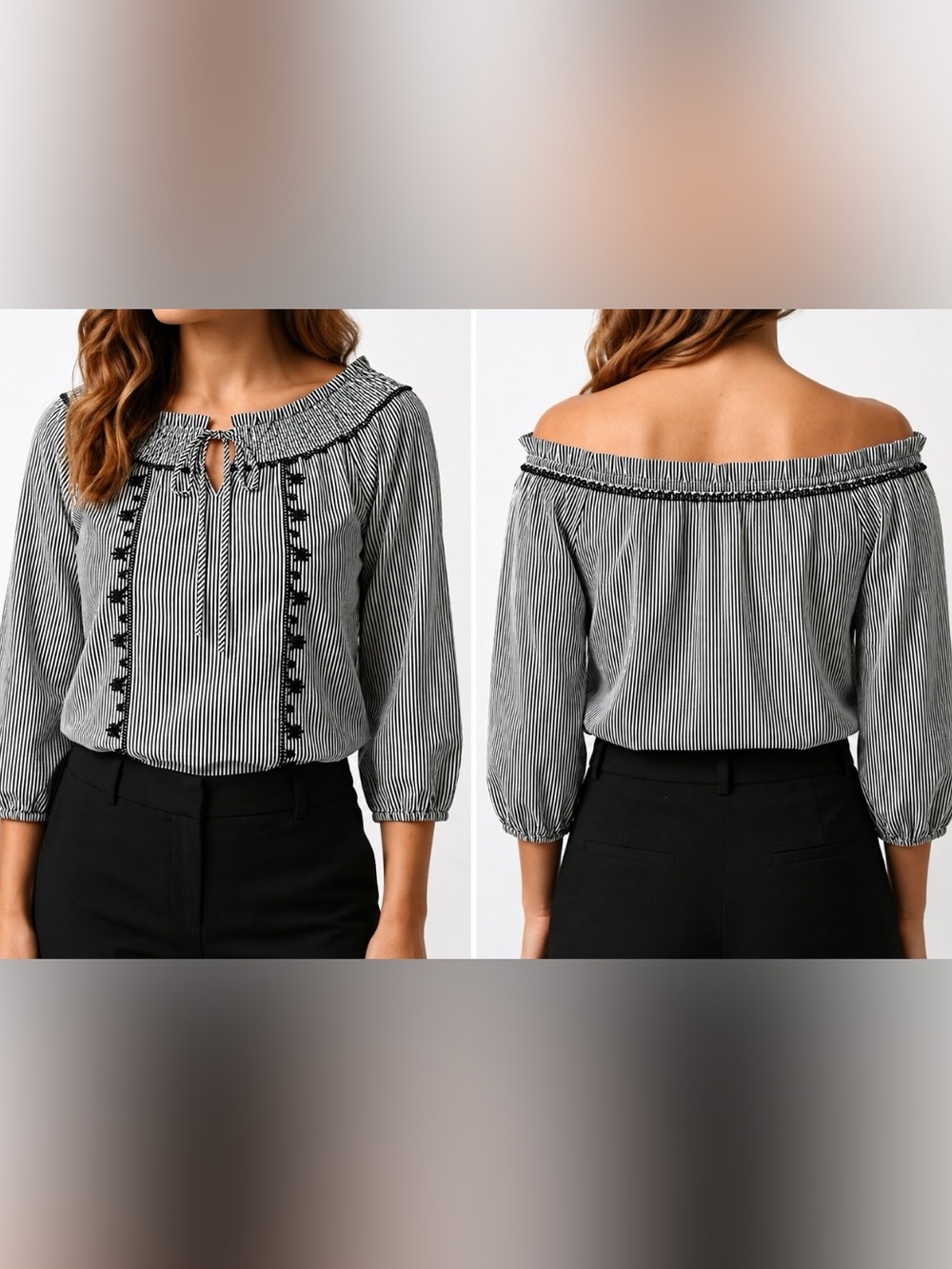 Striped Black & White Peasant Blouse with Tie Neck